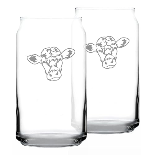 Cow Face Can Pint Glass for Cattle Lovers Farm Gifts - 16 oz - Set of 2 | Bevvee Cattle gift ideas for cow lovers, farmers and ranchers. Beer can glass for IPA, pilsner and craft beer. Made in USA - style: Set of 2