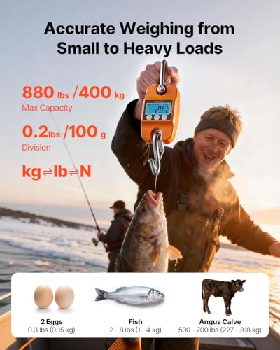 VEVOR Digital Crane Scale, 880 lbs/400 kg, Industrial Heavy Duty Hanging Scale with Cast Aluminum Case & LCD Screen, Handheld Mini Crane with Hooks for Farm, Hunting, Fishing, Outdoor, Garage (Orange) - style: 880 lbs/400 kg