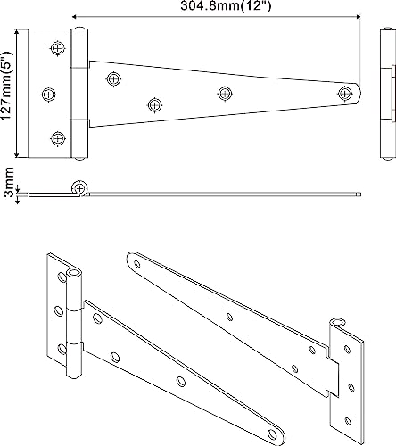 QCAA Extra Heavy Duty Tee Hinge, 12"x5"x3.0mm, Steel, Hot Galvanized, with Solid Brass Pin, 6 Pack - color: Hot Galvanized (12"x5"), size: 6 Pack