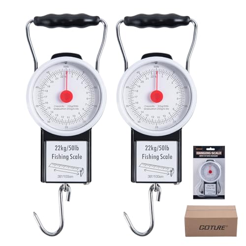 Goture 2Pcs Fishing Hanging Scale, Mechanical Kitchen and Fish Fishing Scale, Multi-Purpose Portable Hand Held Dial Weight Scale with Tape Measure (50 Lbs / 22Kg) - color: 2Pcs Fishing Scales