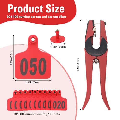 Cattle Ear Tags 001-100, 100Pcs Plastic Livestock Ear Tag for Cows Goats Sheep Pigs with Pliers Applicator & 2 Pins, Animal ID Tags for Ranch Farm Herd Tracking, Laser Print (001-100, Red) - color: Red