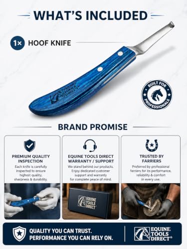 Left-Hand Curved Blade Farrier Hoof Knife, J2 420 Magnetic Stainless Steel Blade, Ergonomic Blue Handle, Horse Hoof Trimming Tool for Sole & Frog Paring - style: Left-Handed