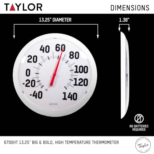 Taylor Big & Bold Outdoor Wall Thermometer, 13.25-Inch Weather-Resistant Patio Thermometer for High Temperature Readings, Easy-to-Read Numbers for Garden, Porch, Deck, Backyard, or Indoor Use, White - color: White, size: 13.25 inches (Pack of 1)