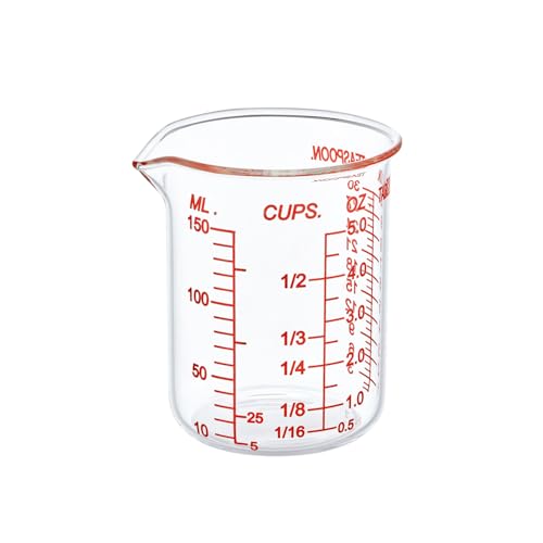 Ackers BORO3.3 Glass Measuring Cup, V-Shaped Spout, 150 mL / 5 oz, Single | 3.3 borosilicate glass with five red printed scales and a wide opening for cooking, baking and drink preparation - size: 150 ML (5 Oz)-SINGLE