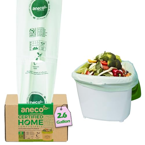 ANECO 100% Compostable Waste Bags 2.6 Gallon (Flat Top Bags, 50 Count) | Extra Strong Kitchen Small Compost Bags for Countertop Bin (BPI & OK Compost HOME Certified) - color: 2.6 GAL (Flat Top Bags, 50 Count)