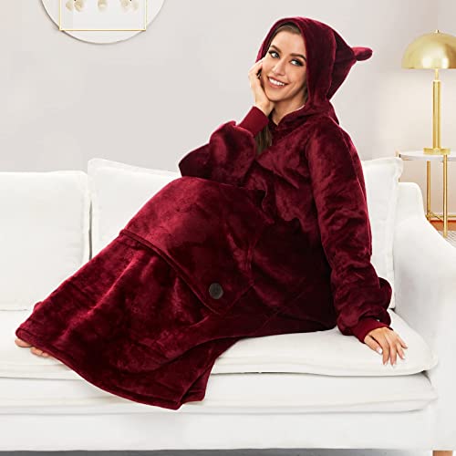THREE POODLE Wearable Blanket Hoodie, Oversized Sherpa Sweatshirt Blanket for Adults Women Men, Warm Cozy Hooded Blanket, Gifts for Mom Girlfriend - color: Burgundy, size: Adult-Extra Long