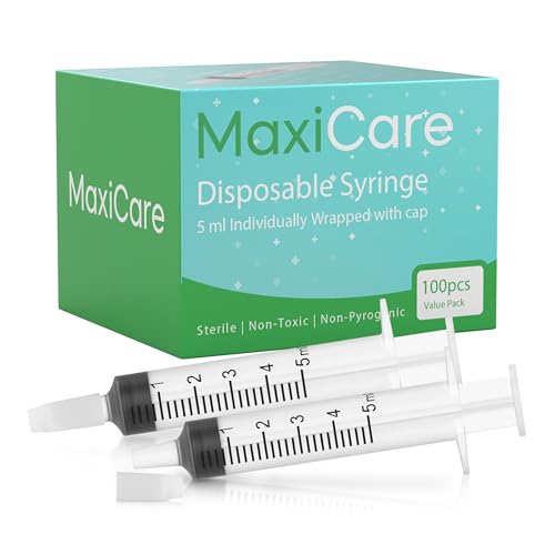 MaxiCare Oral Syringes with Cap 5ml – Disposable Liquid Dispenser Without Needle | Individually Wrapped Luer Slip Tip Dropper for Babies, Toddlers, Adults, and Pets (100 Pack) - size: 5 ml