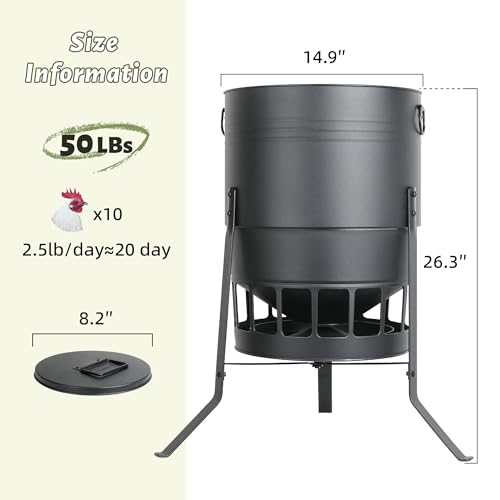 KOL Chicken Feeder No Waste for Coop & Outdoors, 16 Port 50lbs Poultry Feeder with Spill-Control Design, Rust-Proof Powder Coated Metal & Smooth Safe Edges (Black) - color: Black
