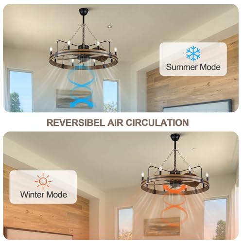 36" Wagon Wheel Chandelier with Fan 8-Lights Farmhouse Chandelier | Rustic Chandelier Ceiling Fan with Lights and Remote, for Dining Room Bedroom Living Room, Reversible Quiet DC Motor 6 Speeds - color: 36" Wagon Wheel