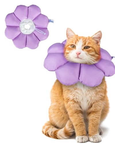 ANWA Waterproof Cat Cone Collar Soft, Cat Donut Collar After Surgery | Wavy Edges for Longer Protection, Waterproof Fabric, Adjustable Drawsting, Purple, Medium - color: Purple, size: Medium