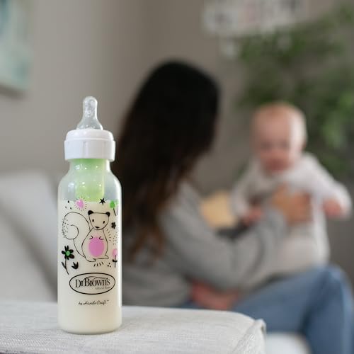Dr. Brown's Natural Flow Anti-Colic Options+ Narrow Baby Bottle, Squirrel & Goat, 8 oz/250 mL, with Level 1 Slow Flow Nipple, BPA Free, 0m+, (Pack of 12) - color: Pink & Yellow (Squirrel & Goat), size: 1 Count (Pack of 12)