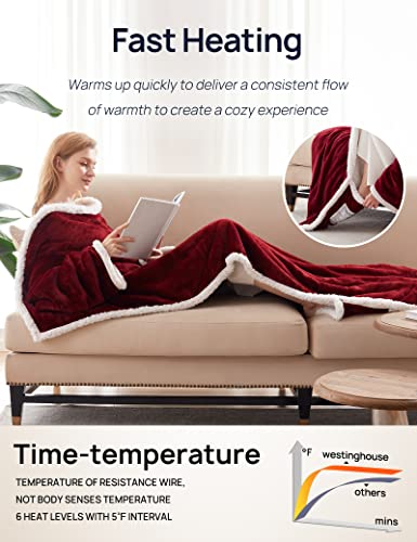 Westinghouse Wearable Heated Blanket with Foot Pocket, Sherpa 50x70+18 Red | Electric Snuggle Throw with Foot Pocket, Flannel Sherpa 6 Heating Levels & 2-10 Hours Auto Shut Off, Home Office Use - color: Christmas Red&ivory, size: 70*50" Heated Snuggle Bla