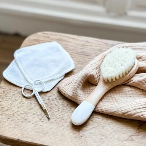 Bachca Baby Hair Brush Gift Box Super Soft Goat Hair Bristles Beechwood Handle & Cotton Pads Grooming Kit Toddler Perfect Baby Registry Gift for Newborns Haircare Baby Shower Essentials