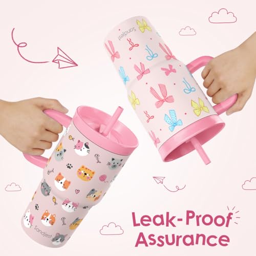 SANDJEST Cat Stainless Steel Tumbler 20oz with Handle and Silicone Straw Locking Lid for Kids Girls, Birthday Christmas Back to School - color: Cat