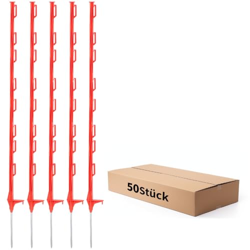 50PCS 48" Plastic Step-in Electric Fence Posts with Clips, Red | Temporary Electric Fence Stakes · 8 Integrated Clips · Reinforced Steel Spike · For Garden and Farm & Livestock - color: Red-50PCS