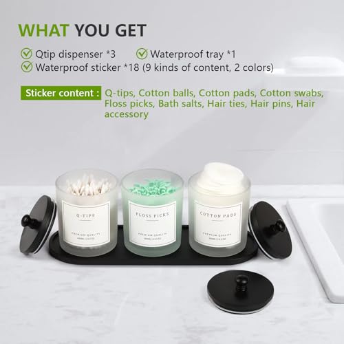 3 Pack Qtip Holder - Bathroom Organizers and Storage, Cotton Round Swab Holder Dispenser Cotton Ball Holder with Tray, Glass Apothecary Jars with Lids, Floss Pick Containers - ms black
