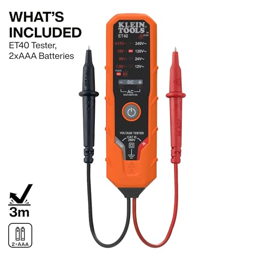 Klein Tools ET40 Digital AC/DC Voltage Tester, 12-240V AC, 1.5-24V DC, LED Illumination, DC Polarity, Auto Off, CAT III 250V-Class 2- Double Insulation, IP41 Dust and Water Resistant