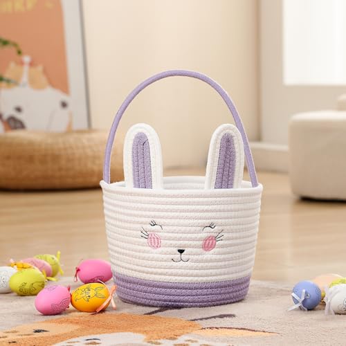 Easter Baskets for Easter Egg with Handle Woven Empty Hunt Boys' Lovely Bunny Rabbit Colorful Woven Basket First Easter Gifts for Boys, Babies, Kids, and Children (Purple) - color: Purple