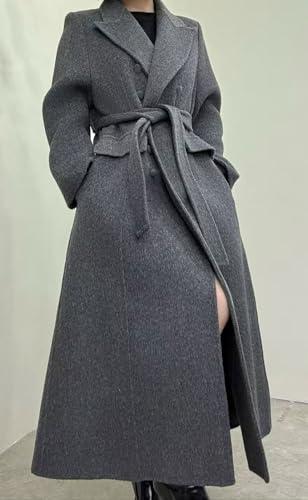 Women Long Winter Wool Pea Coat Lapel Double Breasted Trench Over Coat with Belt - color: Grey, size: Medium