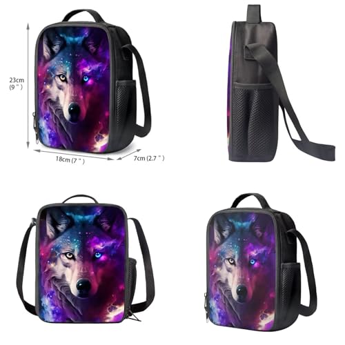 Upetstory Galaxy Wolf Backpack for Girls Boys School Bag with Lunch Box Pencil Purse Kids Schoolbag Elementary Kindergarten Preschool Bookbag Water Bottle Sleeve Book Cover 5 In 1 Set - color: Galaxy Wolf