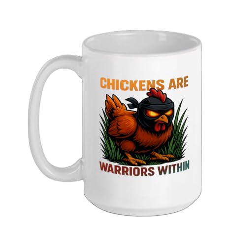 Chickens Are Warriors Within Funny Poultry Ninja Ceramic Mug, White, 15oz - color: White, size: 15 Ounces