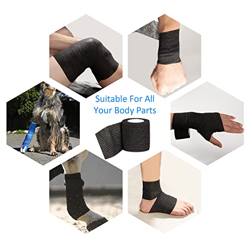 12 Pack Self Adhesive Bandage Wrap 2 Inches x 5 Yards Elastic Bandage Wrap Self Adherent Cohesive Tape Bandages for Wrist Ankle Vet Wrap for Dogs Swelling Sprains Athletic Tape Grip Cover (Black) | Elastic Bandage Wrap Cohesive Bandages for Wrist Ankle Pe