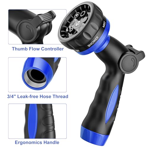 HOSUN Heavy Duty Garden Hose Nozzle, Adjustable Metal Water Sprayer, Blue | 7 Spray Patterns, Thumb Control, Ergonomic handle, High Pressure, Lawn Watering, Car Wash, Pet Cleaning