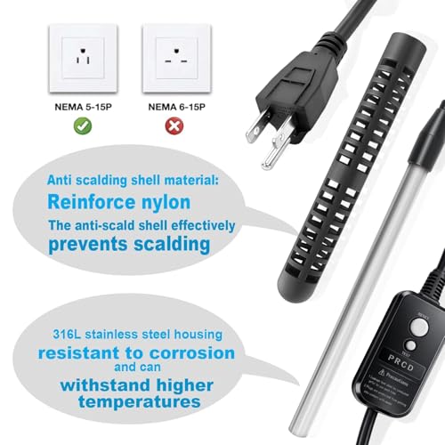 1800W Immersion Water Heater 120V, Portable Submersible Heater with GFCI | Submersible Electric Heater Stainless Steel 316L with Digital LCD Thermometer for 26 Galons Bucket Bath Tub Stock Tank Heater - size: 120V