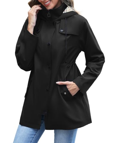 RUMIA Raincoat Women Waterproof Long Hooded Trench Coats Lined Windbreaker Jackets for Women 2026 S-2XL - color: Black, size: Large