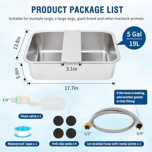 BWOGUE 5 Gal Automatic Dog Water Dispenser, Stainless Steel Bowl for Dogs | Automatic Dog Water Bowl Dispenser, Self-Filling Bowl, Float Valve Control, Outdoor Use, Large Dogs, Cats, Chickens - size: 5 Gal