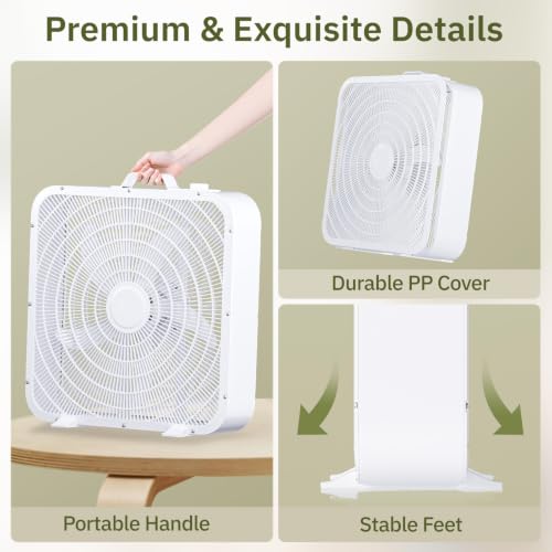 Xcity 20 Inch Box Fan with Carry Handle, Portable Powerful and Quiet 3-speed Floor Fan with Protection Net, Durable 70W Lightweight for Bedroom, Commercial, Study, Home - size: Box Fan 20" White