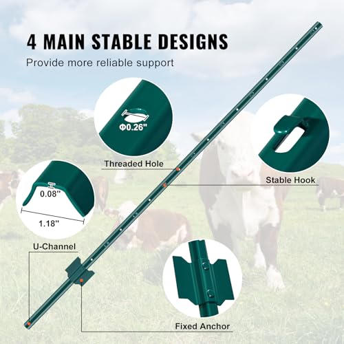 VEVOR 5 Feet Fence Post, 10 Pack U-Channel Heavy Duty Metal Fence Posts with 30 Zip Ties & 20 Clips, Sturdy Steel Fence Stakes for Garden Yard, Lawn, Farms and Outdoor Wire Fencing, Green - size: 5 Feet 10 Pack