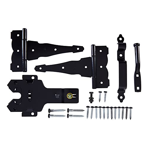 National Hardware Deluxe Latches Decorative T-Hinges Gate Kit, Steel, Black | Includes 2 Hinges, Latch, Strike and Pull for Wood, Vinyl and Metal Fence Gates; Mounting Screws Included - size: Pack of 1