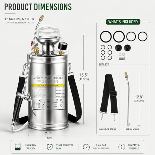 1.5Gal Stainless Steel Pump Up Sprayer Reinforced Hose, Hand Pump Sprayer with Pressure Gauge&Safety Valve, Adjustable Nozzle Suitable for Gardening (1.5 Gallon) - style: 1.5 Gal