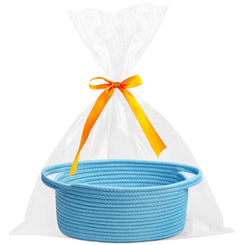 Pro Goleem Small Woven Basket with Gift Bags and Ribbons Durable Baskets for Gifts Empty Small Rope Basket for Storage 12"X 8" X 5" Baby Toy Basket with Handles, Blue - color: Blue
