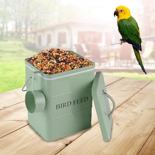 Morezi Bird Seed Storage Container Metal, 6 Lbs Airtight Bird Food Tin | Outdor Wild Bird Seed Container Canister w/ Scoop/Wooden Handle , Sturdy and Squirrel-proof, Keep Sunflower Seed Fresh-Green - color: Green