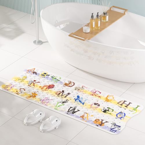 AmazerBath Baby Bath Mat Non Slip, Cartoon Kids Bath Mat for Tub 40 x 16 Inches Full Size Shower Stall Mats - Alphabets & Animals - color: Alphabets & Animals, size: 40" x 16" (Rectangular)