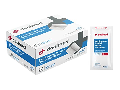 Dealmed Sterile 4 in Stretch Gauze Bandage - Latex Free - 12 Rolls | Polyester Mesh, Individually Wrapped, Self Adhering, Non Adherent, Breathable, Conforming Design, First Aid Burn Care - size: 4 Inch (Box), style: Sterile