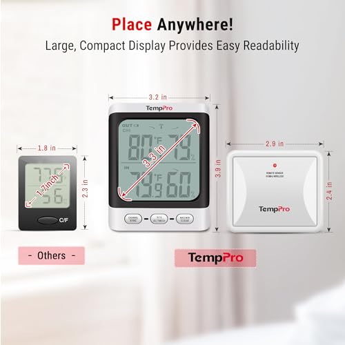 TempPro TempAir 500 FT Indoor Outdoor Thermometer Wireless with Sensor | 3.3" LCD Backlit Display, Front Button, Outside Thermometer with Cold-Resistant Sensor for Patio Garage, Batteries Included