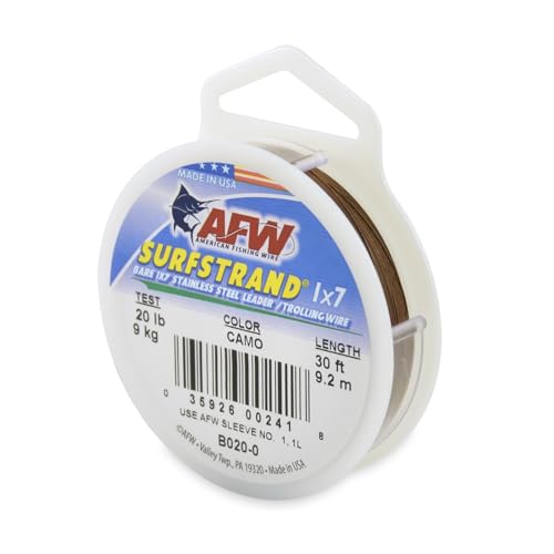 American Fishing Wire Surfstrand Bare 1x7 Stainless Steel Leader Wire - Fishing Leader Line for Saltwater, 20lb Test - 325lb Test in Bright, Camo in 30ft, 300ft, 600ft and 1,000ft Lengths - color: Camo, size: 20 lb / 30 ft