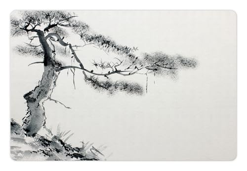 Lunarable Asian Pet Mat for Food and Water, Lone Pine on Mountain Slope Art Traditional Chinese Painting Style Oriental Culture, Rectangle Non-Slip Rubber Mat for Dogs and Cats, Grey White - color: Grey White