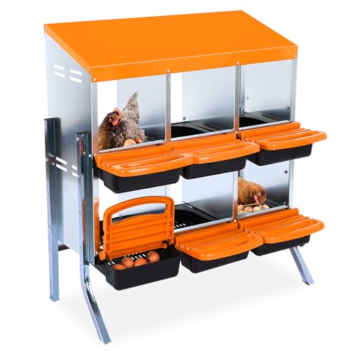 Nesting Boxes for Chickens, 6 Compartments Chicken Nesting Box, Chicken Laying Boxes with Lid Cover, Roll Away Nesting Box for Chickens Laying Egg, with Metal Bracket, Orange
