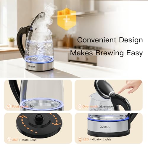 AZEUS Electric Kettle 1800W Cool Touch Tea Kettle Anti-scalding Design 1.8L Large Capacity Kettle BPA-Free, White