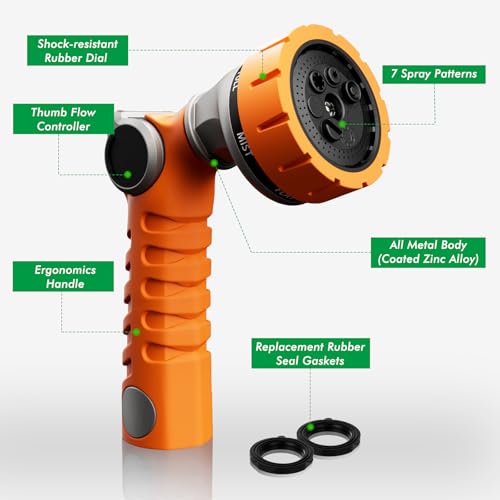 RESTMO Heavy Duty Hose Nozzle, Metal Garden Water Hose Sprayer | 7 Watering Patterns, Thumb Control, On Off Valve, Leak Proof Nozzle Sprayer for Watering Plants, Car & Pet Washing, Orange - color: Orange