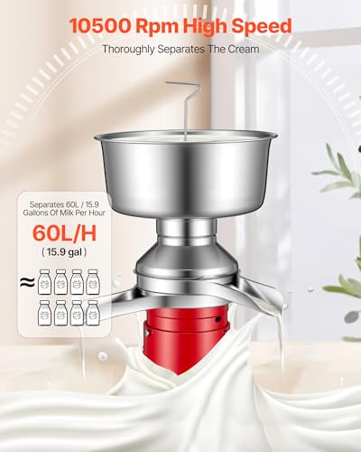 VEVOR Electric Milk Cream Separator, 60L/H Output 10500RPM Milk Cream Centrifugal Separator, 304 Stainless Steel Goat Cow Milk Skimmer Separating Machine with 4.5L Bowl Capacity (40W, 100-240V) - size: Square Base