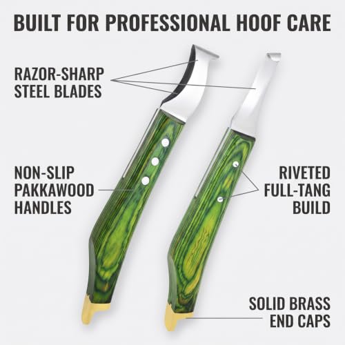 Premium Loop & Hoof Knife Set with Brass End, 9 Inch | Razor sharp stainless steel blades, ergonomic non-slip grip, hoof trimming for horses, cows, goats, sheep & livestock (Green) - color: Multi