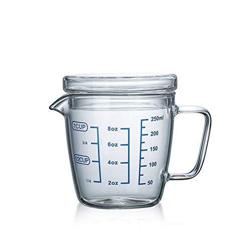 Glass Measuring Cup with Lid, V-Shaped Spout Microwave Safe Borosilicate Kitchen Accessories 3 Measurement Scales Cup, ML, OZ Easy Measure Liquid Powder Milk Cups for Cooking Baking - color: 250 ml
