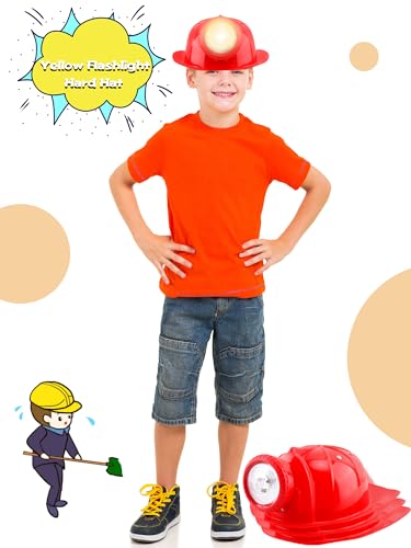 2 Pack Kids Construction Hat Miner Costume Helmet with Light for Boys Girls Dress Up Halloween Party Supplies - color: Red,yellow