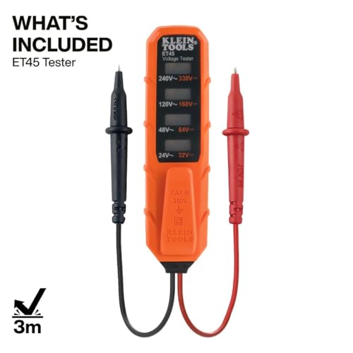 Klein Tools ET45 Digital AC/DC Voltage Tester, 12-240V AC, 32-330V DC, LED Illumination, DC Polarity, Auto Off, CATIII 350V-Class 2-Double Insulation, IP44 Dust & Water Resistant, No Batteries Needed - size: 24/240 V Tester