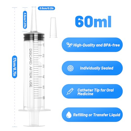60ml Plastic Syringe with Cap, Large Syringes without Needle for Liquid, Scientific Labs, Measurement, Pet Feeding ,Ink Refilling ,Oil or Glue Applicator, Individually Wrapped (10 Pack) - style: 60ml